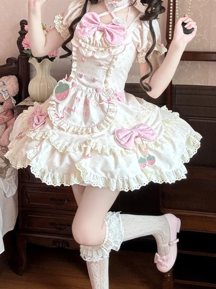 Details Lace Bow OP Strawberry with Beige Lolita Themed Cute and Polka Pink Dot Dress
