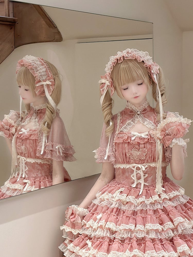 Embroidery Hairband Lolita Applique with Sweet Goldfish and Ribbon Ruffled Pink/Green/Blue