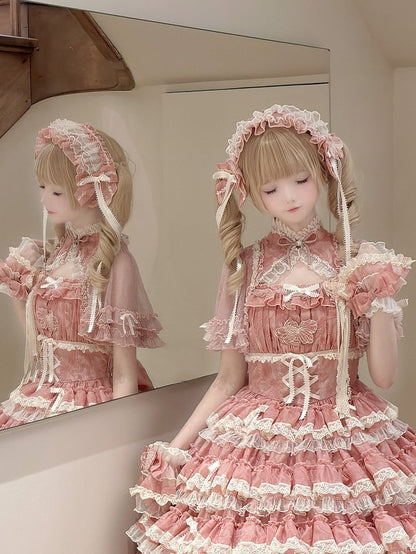 Embroidery Hairband Lolita Applique with Sweet Goldfish and Ribbon Ruffled Pink/Green/Blue