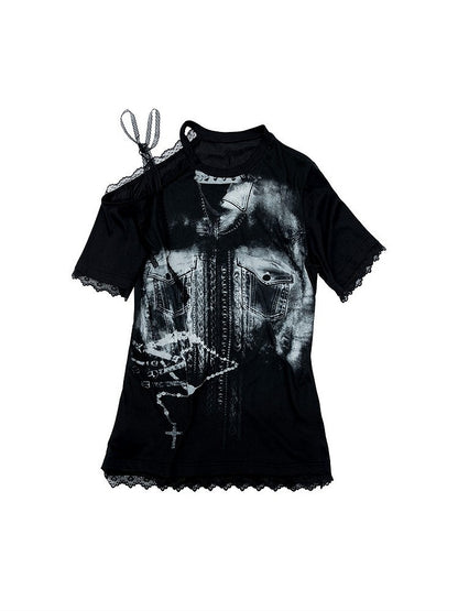 Lace-Trimmed Print White Shoulder Detail Lace-Up with Denim Punk Black T-shirt