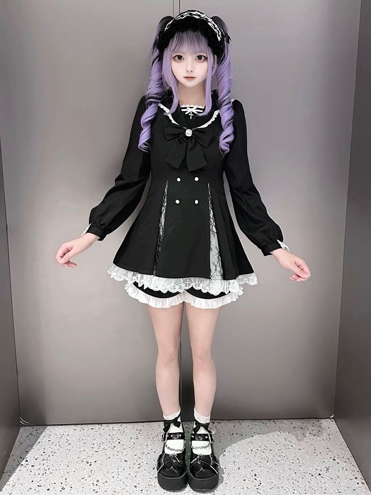 High Mini Coord with Dress Slit Matching Kei Black Set: Jirai Lace-Paneled Edgy Shorts