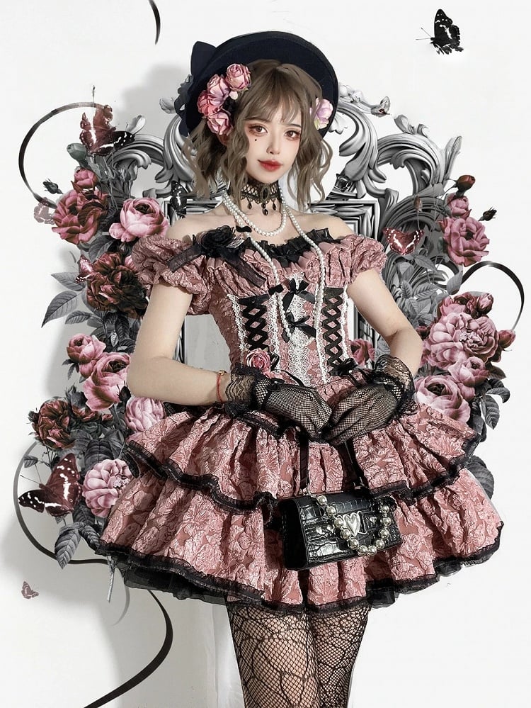 and Pink Floral Skirt with Dark Black Lolita Multi-Layered Dress OP Texture