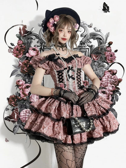 and Pink Floral Skirt with Dark Black Lolita Multi-Layered Dress OP Texture