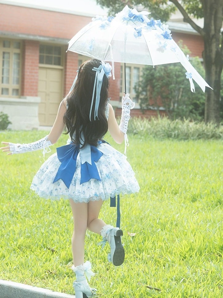 Blue & White Floral Print Lace-Up Lolita Dress Set with Bow Train & Floral Accents - signorina