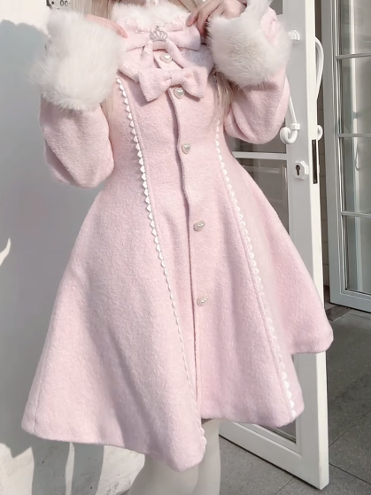 Long Landmine Cuffs Style Collar with Bow-Detailed Coat Waist-Cinching Pink Furry
