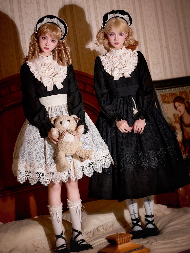 Beige Ruffle Neckline Black High-Waisted Long Balloon Sleeves Lolita Dress Short Version