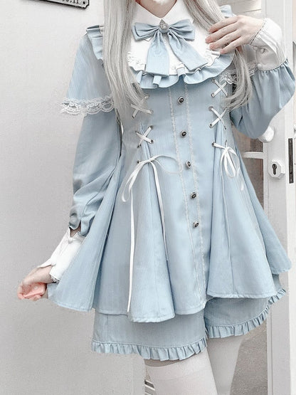 Matching Cape Design Long-Sleeve + Tie Kei Striped Bow Set Lace-Up Shorts Blue Jirai Dress