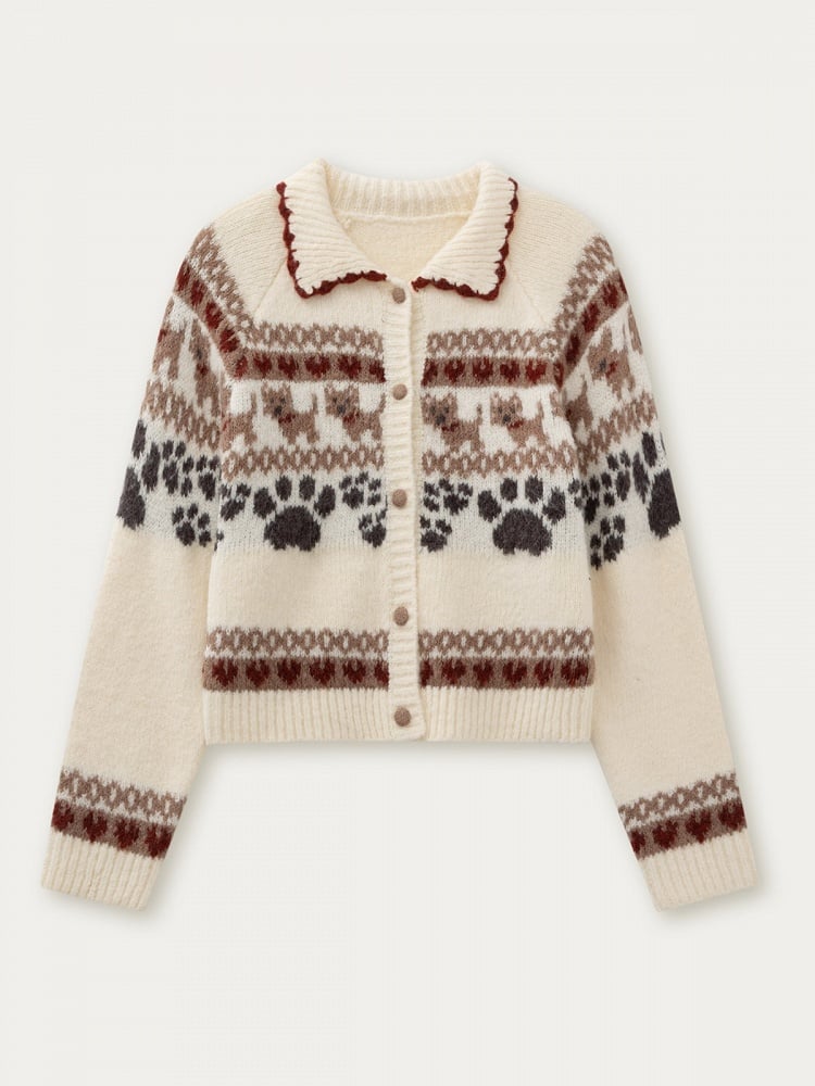 Vintage Beige Kawaii Sweater Pattern Dog Knit with Style