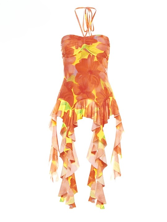 プリントトップ ラッフルアクセント オレンジチューブ ホリデーフローラルカスケーディング