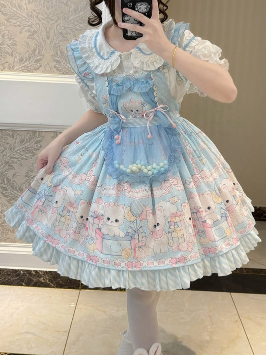 Süßes Lolita-Overallkleid mit blauem Kätzchen- und Tupfenmuster