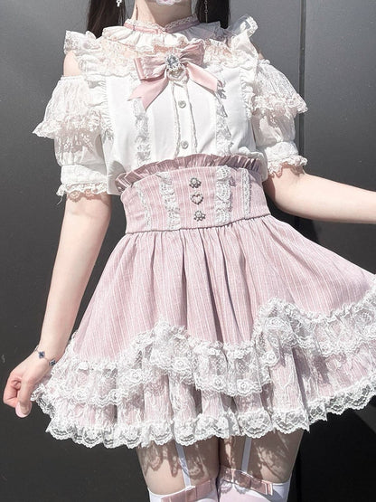 Pink & White Landmine Style Cutout Shoulder Short Sleeve Top with Rhinestone Bow and Lace - Virtual Paradise