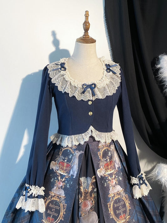 Kurzer, modischer dunkler Cardigan mit Schleife und blauer Spitze