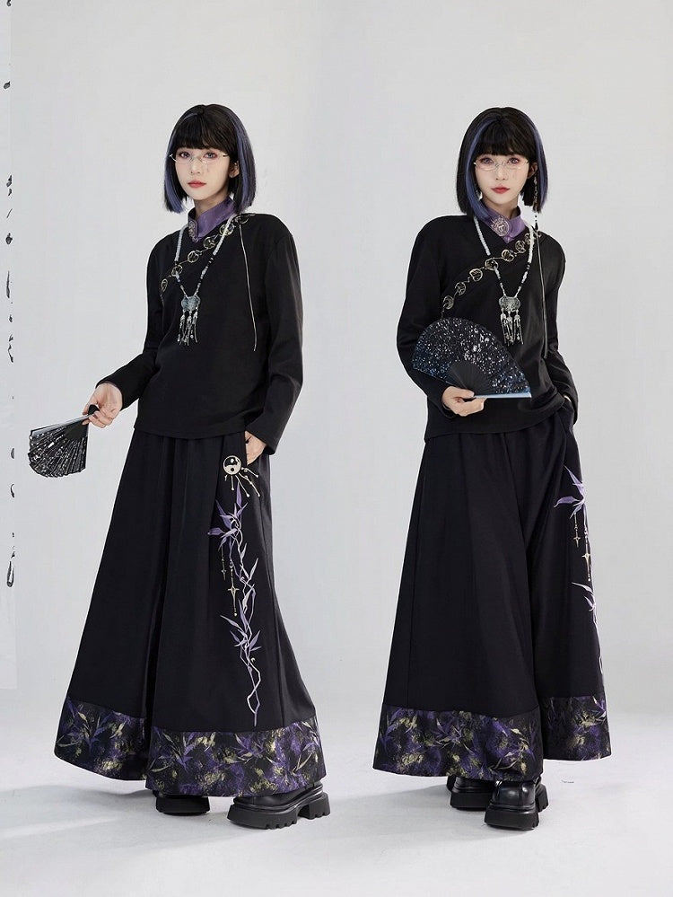 Lunar Embroidery Cross Style Long - Phase Cheongsam Top Collar Sleeve Black Unisex