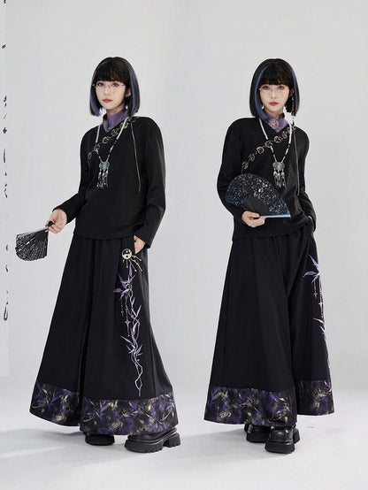 Lunar Embroidery Cross Style Long - Phase Cheongsam Top Collar Sleeve Black Unisex