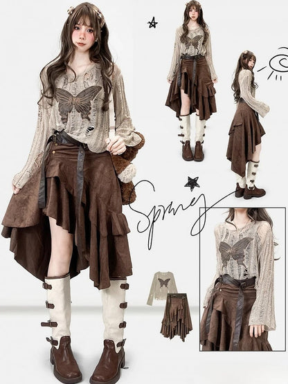 カットアウトバタフライファッションディテールカーキミラードアップリケトップ