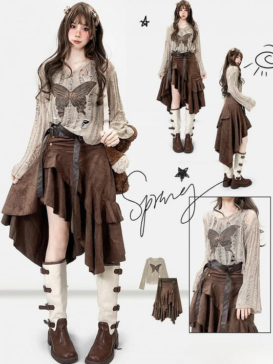 カットアウトバタフライファッションディテールカーキミラードアップリケトップ