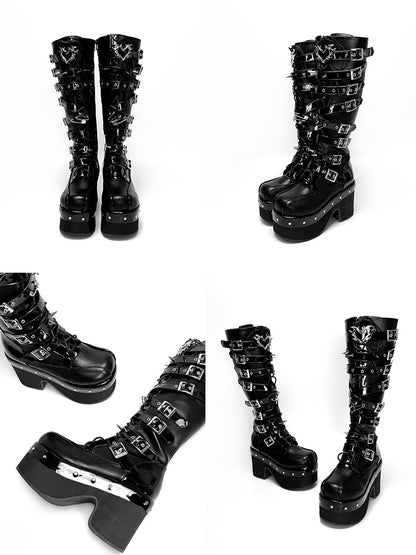Buckle Platform Boots - Knee-High Punk High-heel PU