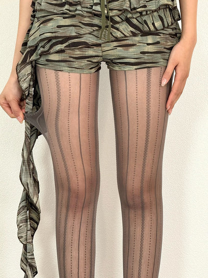 Pattern Striped Brown/Gray/White/Black Tights Y2K
