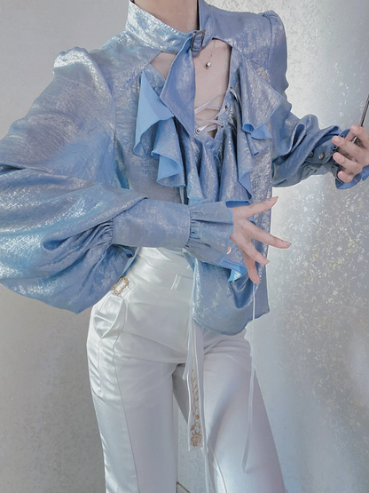 Pirate Light Blue Vibes Lolita with Collar Shirt Sleeves Lace-Up Long and Ouji Buckled