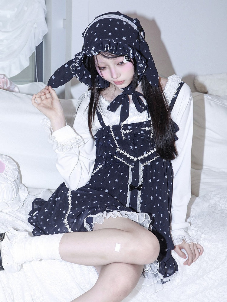Dress Choker Star Oversized Matching with Tiered Navy Slip Bow White Kawaii Blue Print