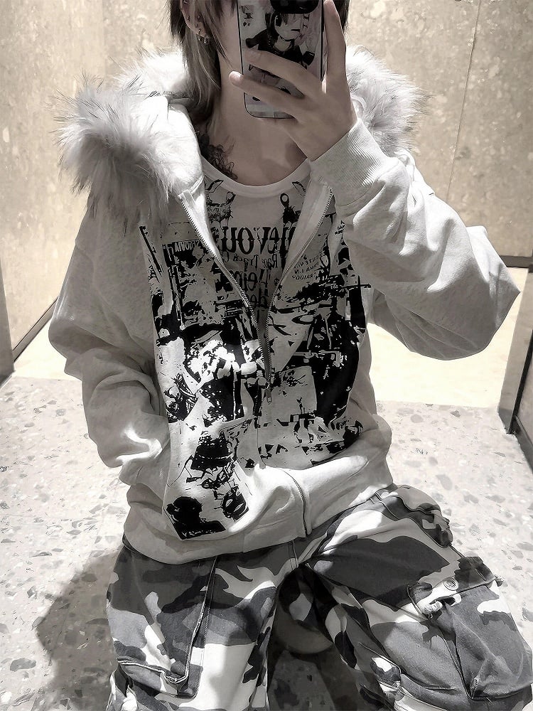 Jacket Faux Gray Trim - Hood Print Zip-up Y2K Hooded Decoration Fur Light