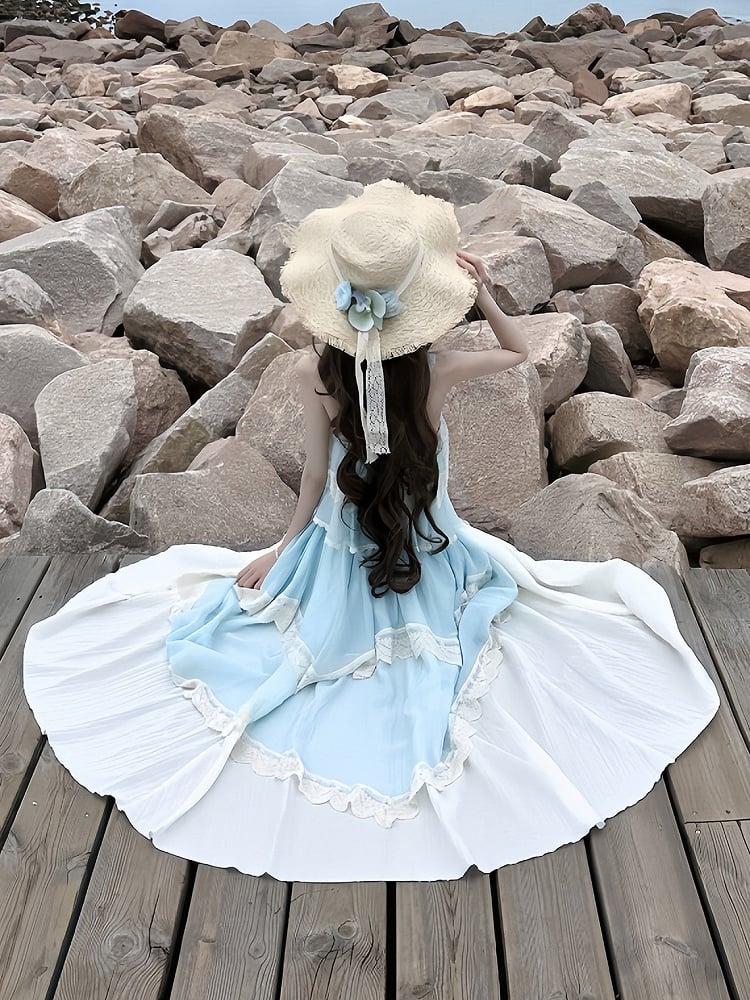 Irregular Trim High-Waist Lace Skirt in Blue & White - With PUJI