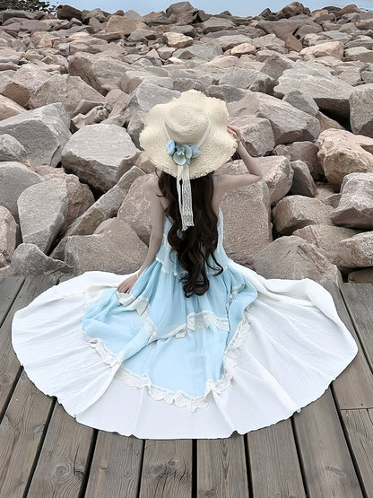 Irregular Trim High-Waist Lace Skirt in Blue & White - With PUJI