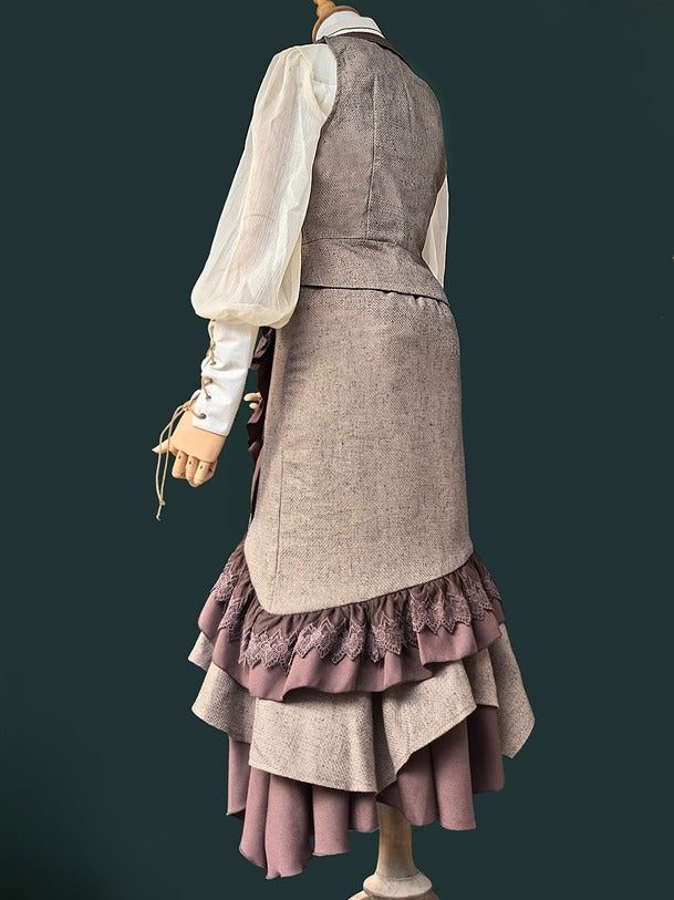 Lolita Steampunk Asymmetrical Trim Skirt with Lace Coffee Ruffled