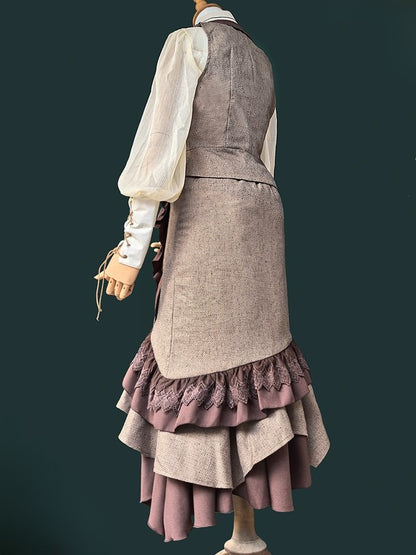 Lolita Steampunk Asymmetrical Trim Skirt with Lace Coffee Ruffled