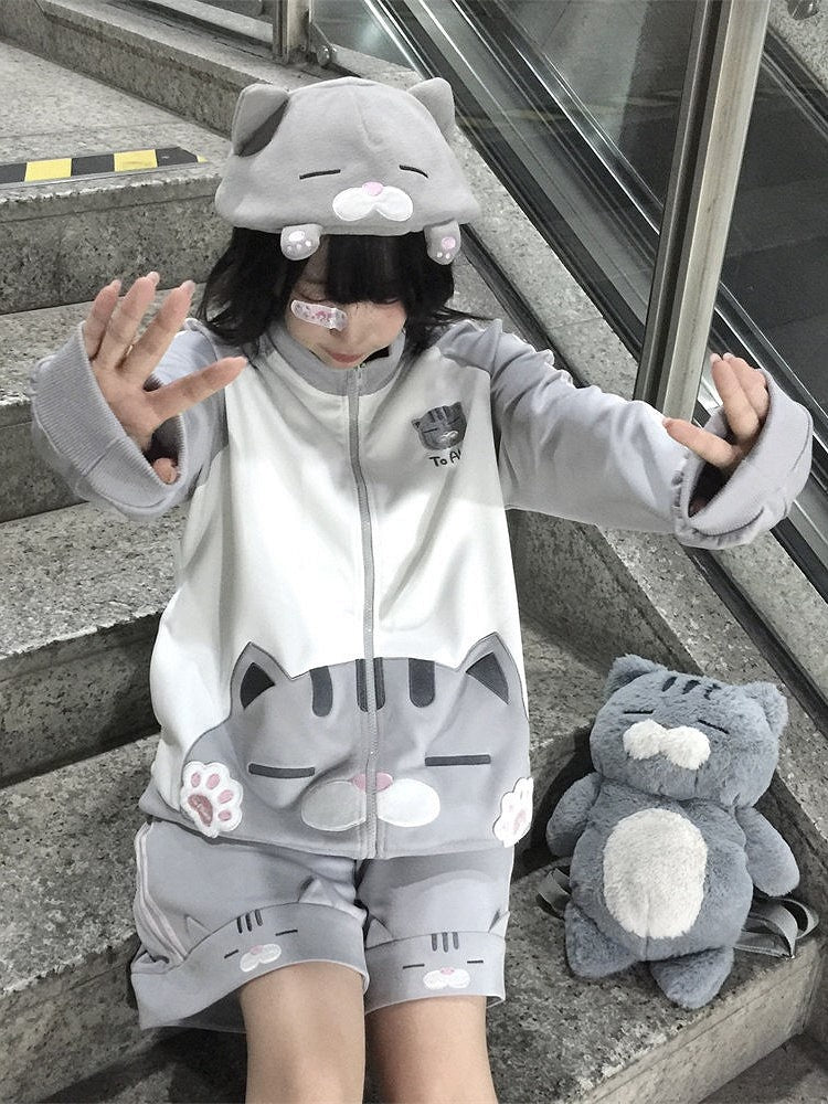 Elastic Shorts Gray Daily Waist Design Kawaii Cat with