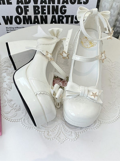 Star Elegant Heels Lolita High Bow Block 8cm Snap with White Accents