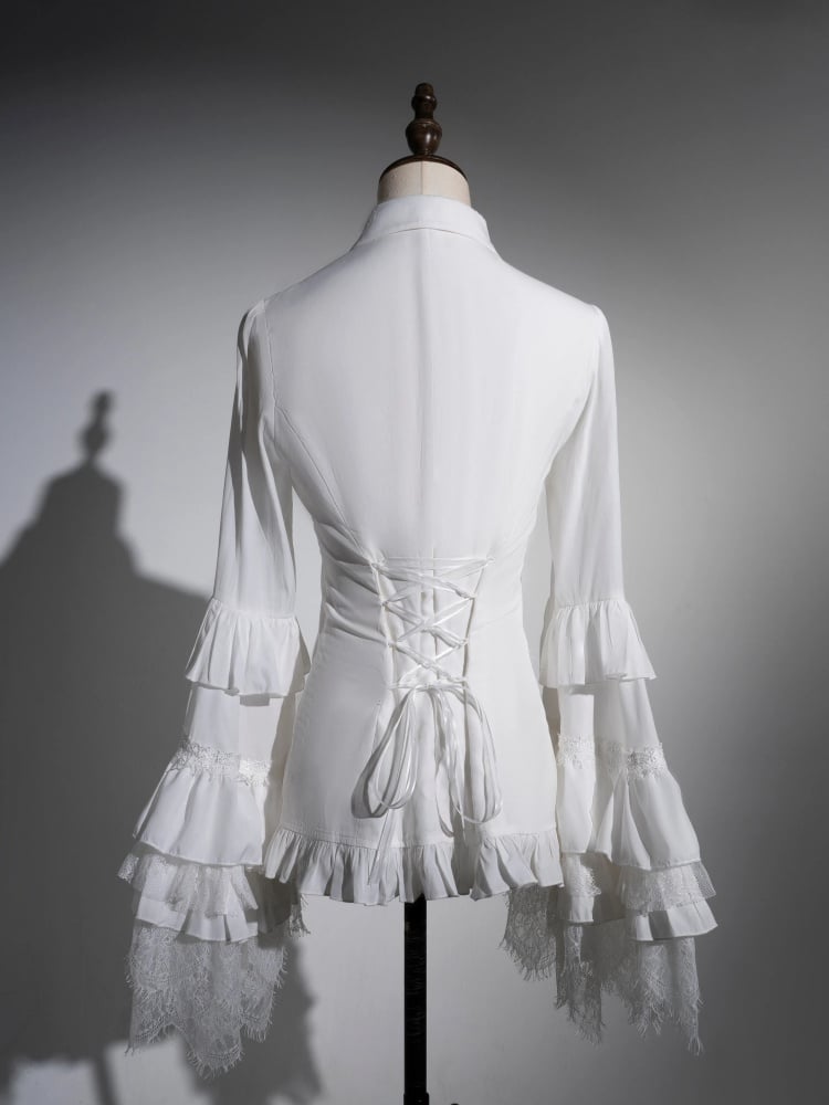 Weißes Gothic Lolita-Hemd mit Glockenärmeln und Kreuzanhänger und spitzem Kragen