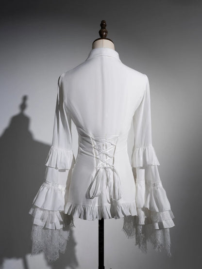 ホワイトレイヤードベルスリーブゴシックロリータシャツクロスチャーム尖った襟