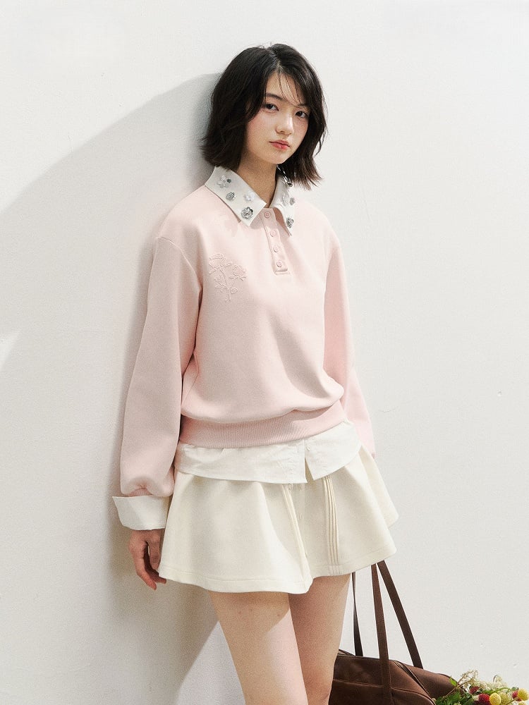 with Pink and Two-piece Faux Kawaii Embroidery Accents Rose Rhinestone Shirt