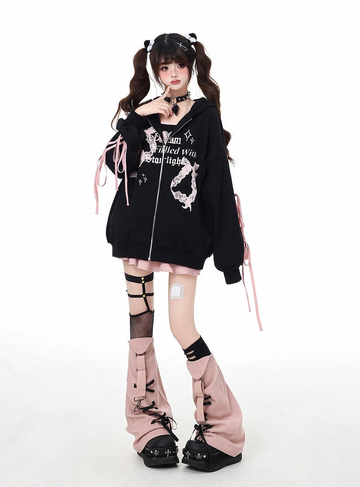 Black Lace Embellished Zip Closure Graphic Hoodie