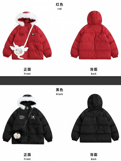 Schwarz/rote Pufferjacke mit Kapuze „Little Devil“ und gratis Ita-Tasche