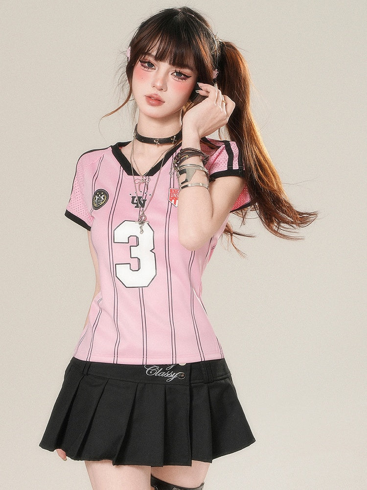 華やかなTシャツ プリントナンバーストライプ柄 Vネック ピンク