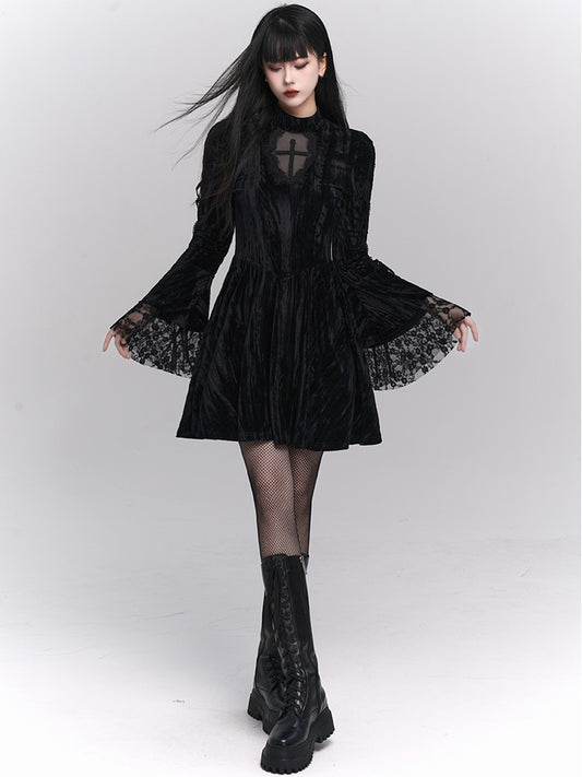 Black Gothic Cross Lace Trim Dress with Lace-up Detail at Bell Sleeves