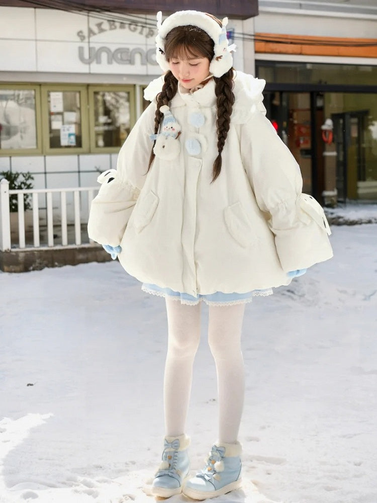 Cute Snowman Adorned White Hooded Puffer Down Jacket Bubble Silhouette