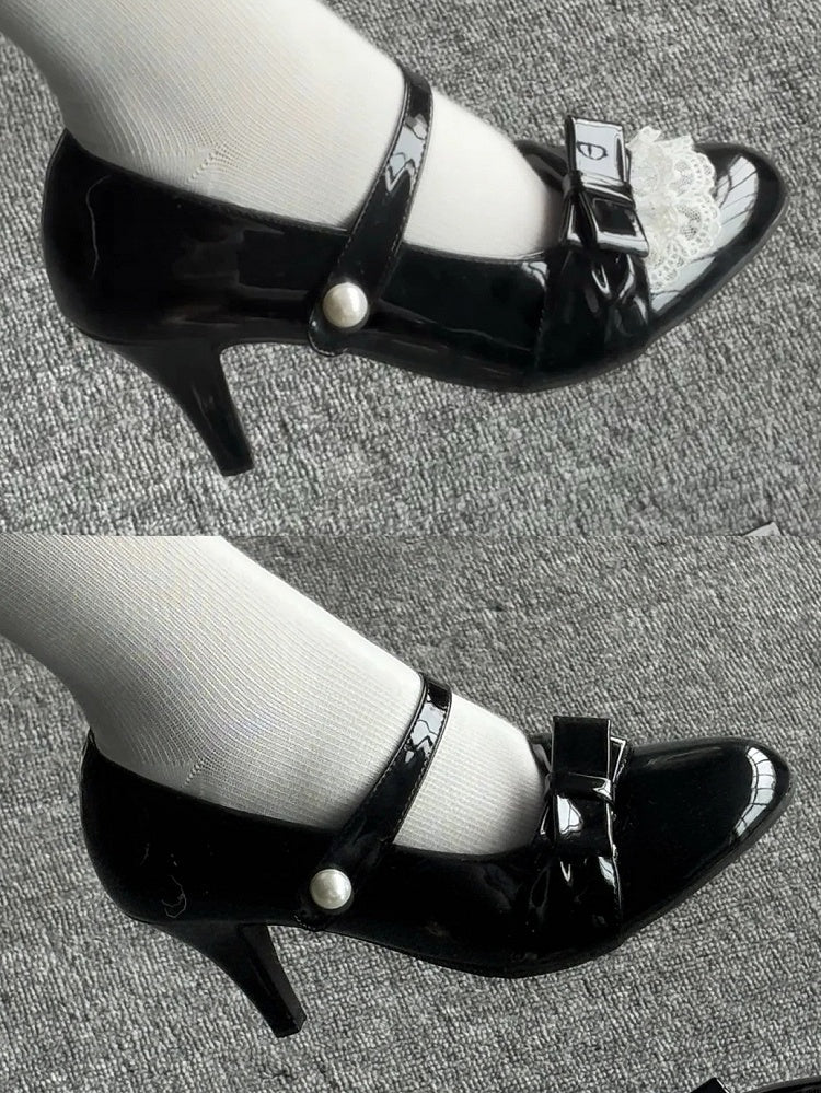 - Sweet Black PU Lace Trim Style Detachable Lolita in Leather Heels