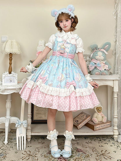 Adorable Lolita JSK Gown in Blue and Pink with Bow and Pocket Accents - Vcastle