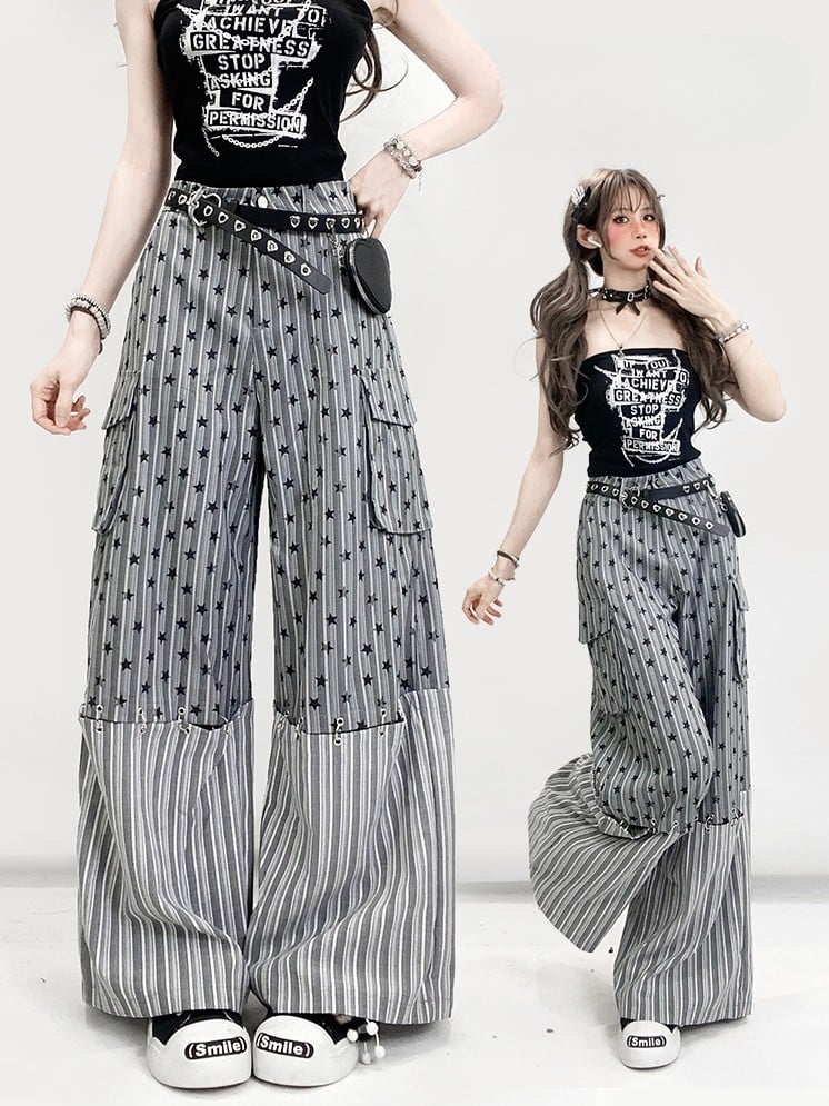 グラマラスカットのワイドレッグビタースイートグレー柄ストライプスターと