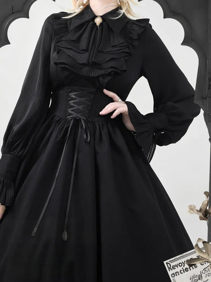 Flat Long Pointed Collar Sleeves Shirt Jabot Fabric Black Striped