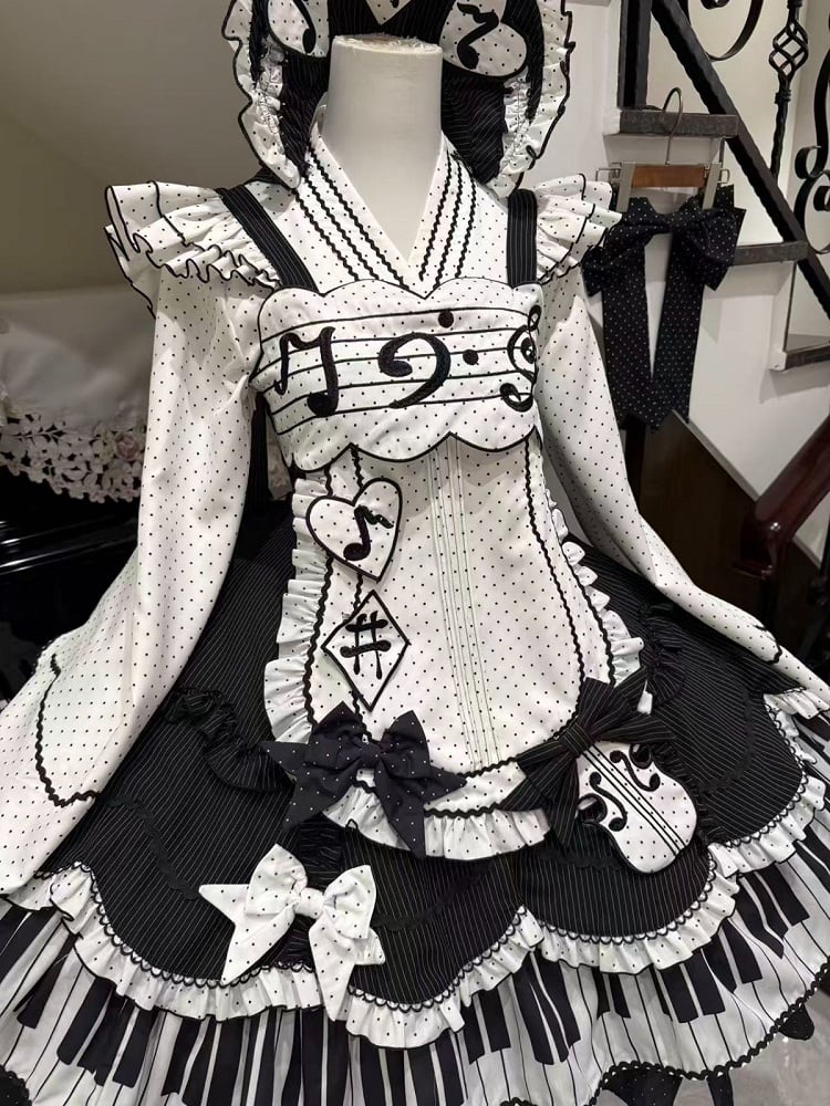 Piano JSK Set with Shirt, Bonnet, Apron, and Bow Train - Alice in Wonderland Lolita