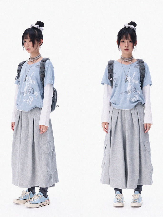 Dusty Blue Fake Two-Piece V-Neck Long Sleeve Tee with Print - innomoood