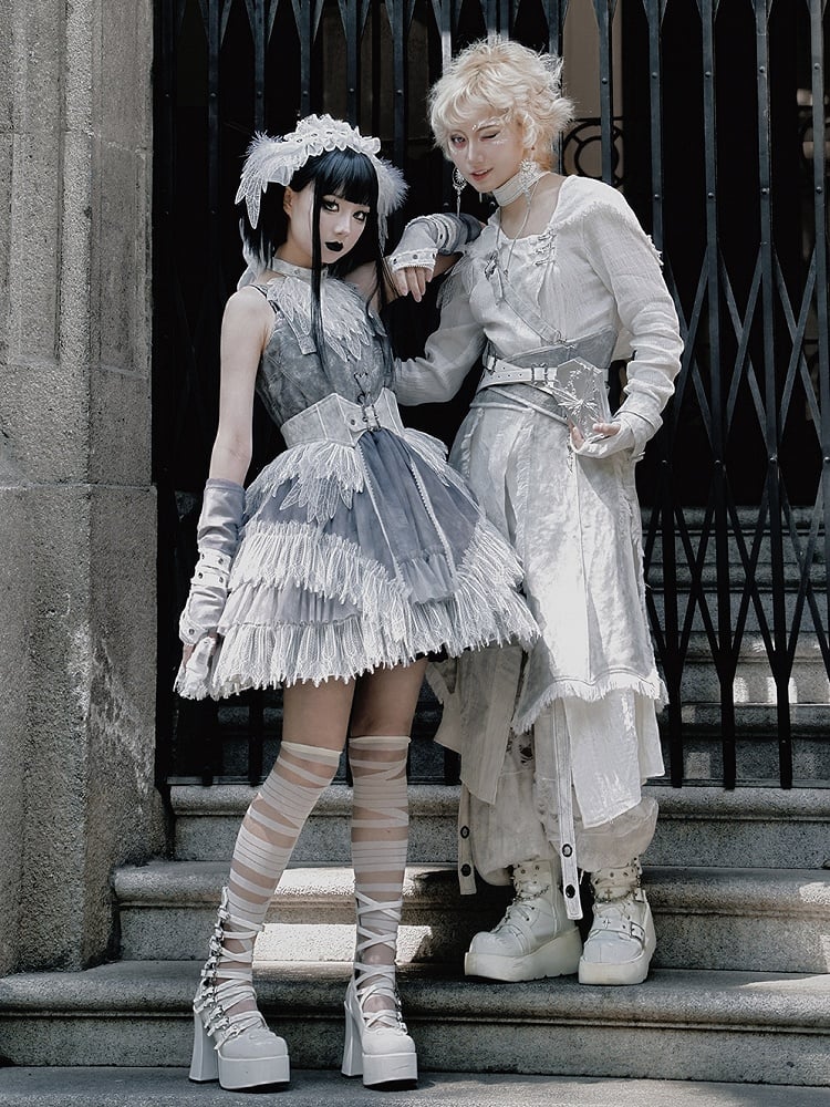 Dress Skirt Panel Buckle Gray Feather Shoulder Lolita Lace Gothic Straps