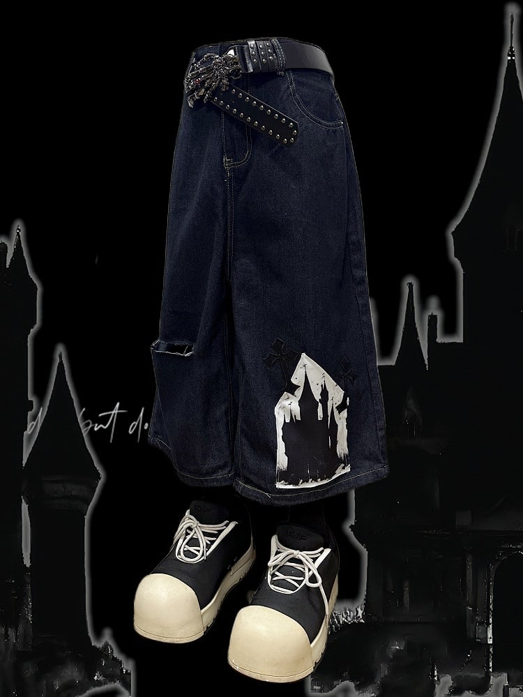 Cross Applique Design Shorts Dark Blue Distressed Holes Wide-Leg Cargo Y2K