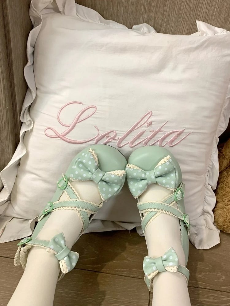 Edging Snap 2.5cm Shoes Green Lace Sweet Lolita Heeled Grass with Heart Design