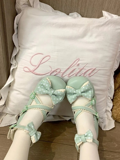 Edging Snap 2.5cm Shoes Green Lace Sweet Lolita Heeled Grass with Heart Design