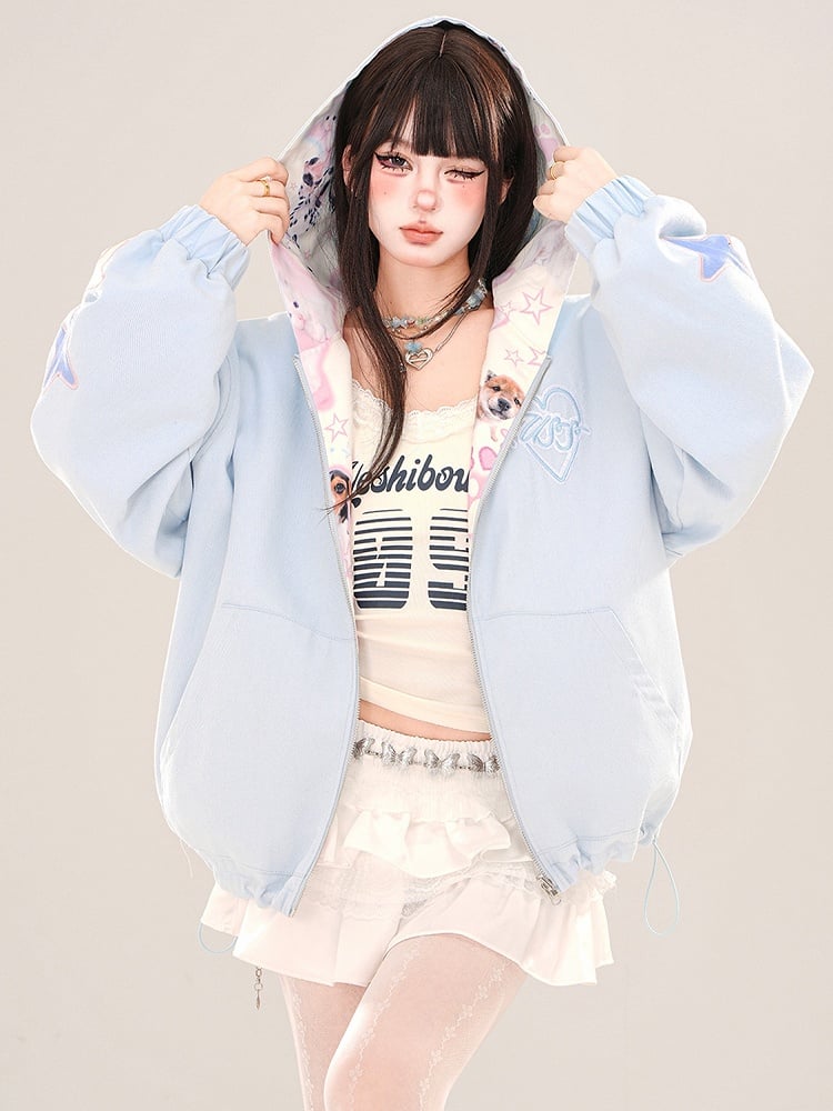 Blue Cute Puppies Pattern Reversible Zip Hoodie